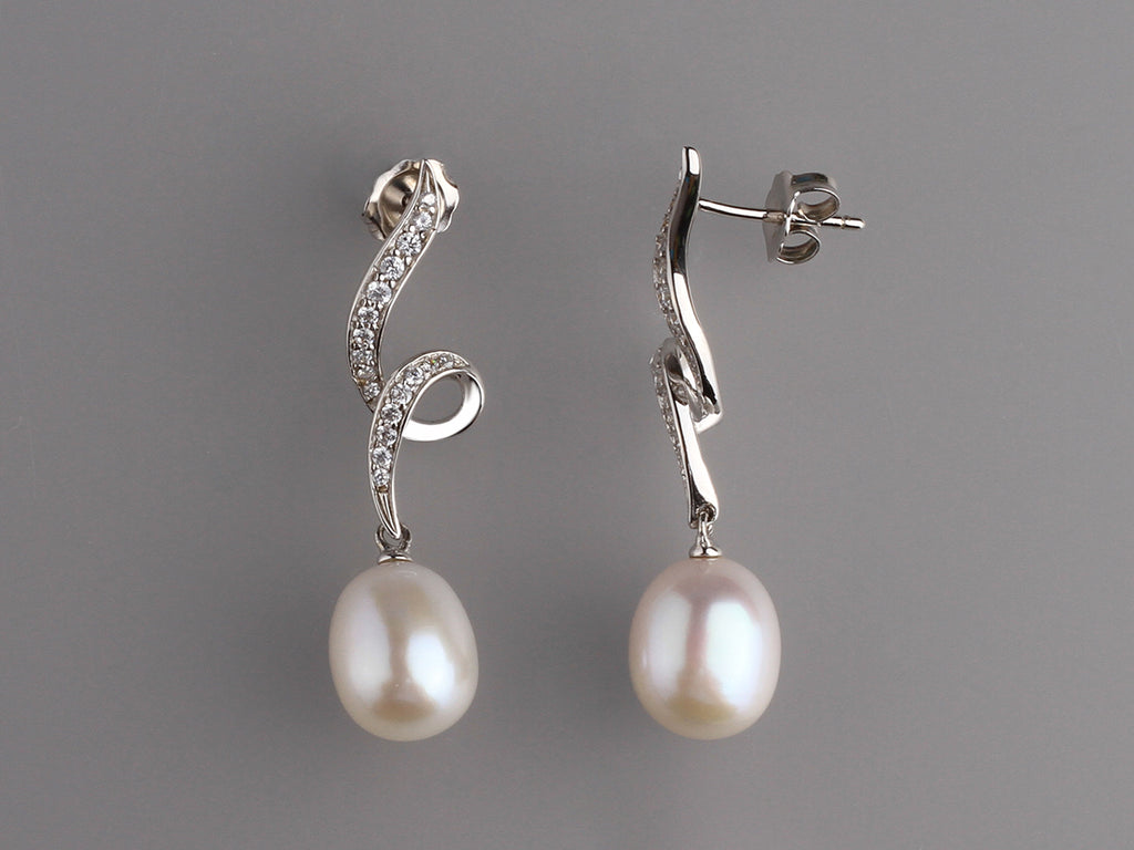 Sterling Silver Earrings with 9-9.5mm Drop Shape Freshwater Pearl and Cubic Zirconia