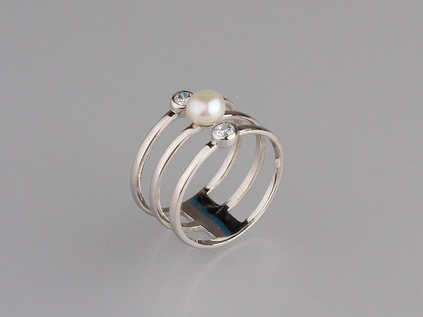 Sterling Silver Ring with 5-5.5mm Button Shape Freshwater Pearl and Cubic Zirconia