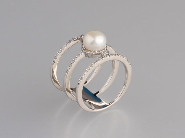 Sterling Silver Ring with 7-7.5mm Button Shape Freshwater Pearl and Cubic Zirconia