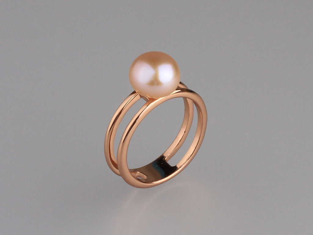 Rose Gold Plated Silver Ring with 9-9.5mm Button Shape Freshwater Pearl
