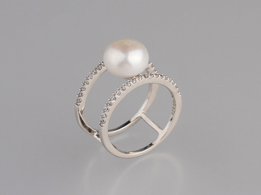 Rose Gold Plated Silver Ring with 9.5-10mm Button Shape Freshwater Pearl and Cubic Zirconia