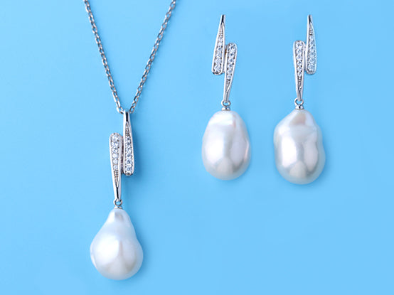 Sterling Silver Earrings with 14-15mm Baroque Shape Freshwater Pearl and Cubic Zirconia