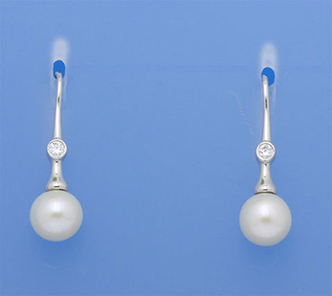 Sterling Silver Earrings with 9-9.5mm Round Shape Freshwater Pearl and Cubic Zirconia