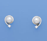 Sterling Silver Earrings with 7-7.5mm Button Shape Freshwater Pearl and Cubic Zirconia - Wing Wo Hing Jewelry Group - Pearl Jewelry Manufacturer