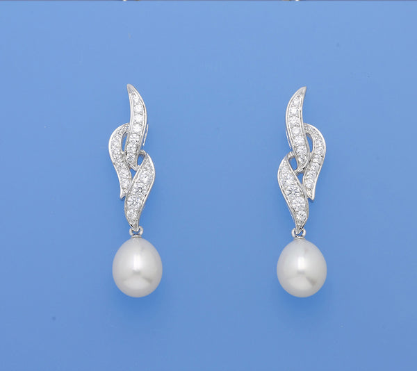 Sterling Silver Earrings with 9-9.5mm Drop Shape Freshwater Pearl and Cubic Zirconia - Wing Wo Hing Jewelry Group - Pearl Jewelry Manufacturer