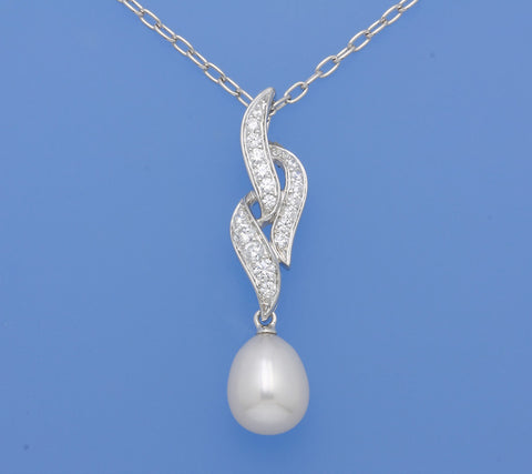 Sterling Silver Pendant with 9-9.5mm Drop Shape Freshwater Pearl and Cubic Zirconia