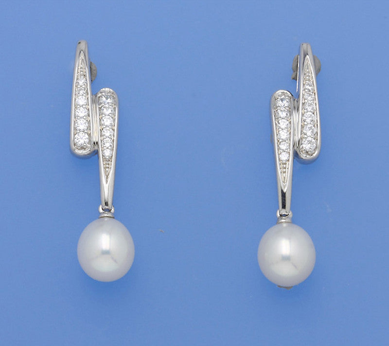 Sterling Silver Earrings with 7-7.5mm Drop Shape Freshwater Pearl and Cubic Zirconia - Wing Wo Hing Jewelry Group - Pearl Jewelry Manufacturer