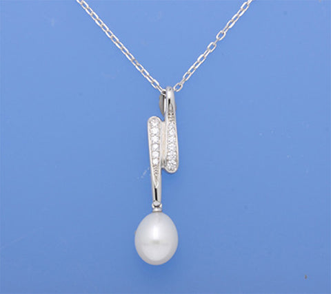 Sterling Silver Pendant with 8.5-9mm Drop Shape Freshwater Pearl and Cubic Zirconia