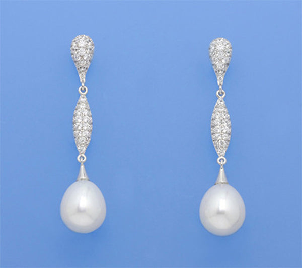 Sterling Silver Earrings with 9-9.5mm Drop Shape Freshwater Pearl and Cubic Zirconia - Wing Wo Hing Jewelry Group - Pearl Jewelry Manufacturer