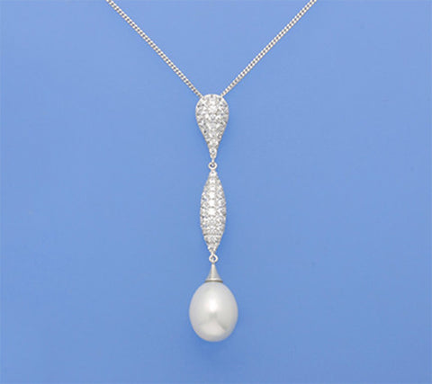 Sterling Silver Pendant with 10-10.5mm Drop Shape Freshwater Pearl and Cubic Zirconia