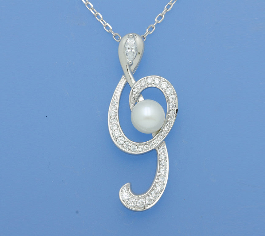 Sterling Silver Pendant with 7-7.5mm Button Shape Freshwater Pearl and Cubic Zirconia - Wing Wo Hing Jewelry Group - Pearl Jewelry Manufacturer