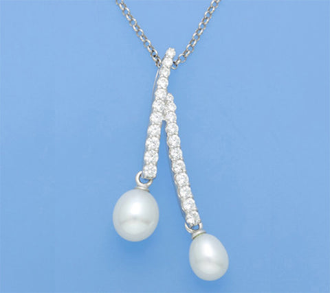 Sterling Silver Pendant with 7-7.5mm Drop Shape Freshwater Pearl and Cubic Zirconia