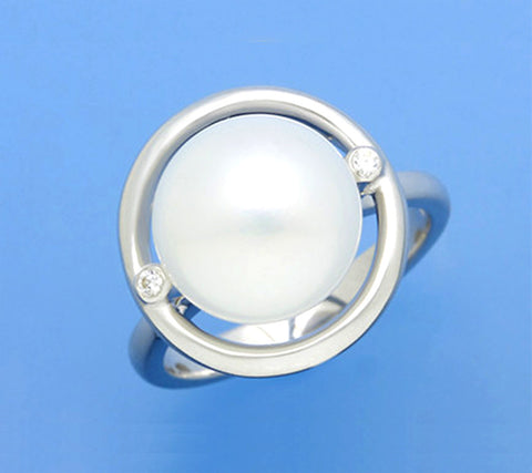 Sterling Silver Ring with 11-11.5mm Button Shape Freshwater Pearl and Cubic Zirconia