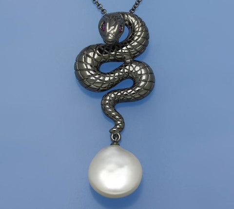 Black Plated Silver Pendant with 13-13.5mm Button Shape Freshwater Pearl and Cubic Zirconia