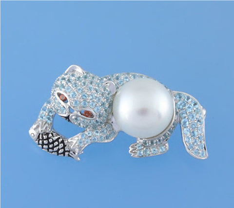 White and Black Plated Silver Brooch with 10.5-11mm Button Shape Freshwater Pearl, Garnet and Cubic Zirconia