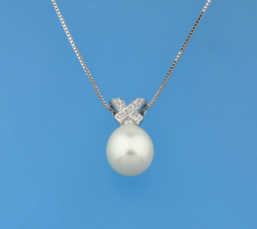 Sterling Silver Pendant with 9-9.5mm Drop Shape Freshwater Pearl and Cubic Zirconia - Wing Wo Hing Jewelry Group - Pearl Jewelry Manufacturer