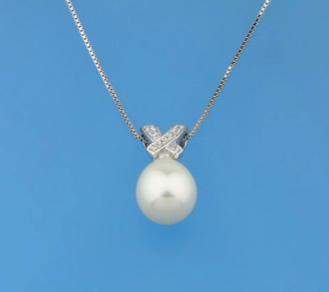 Sterling Silver Pendant with 9-9.5mm Drop Shape Freshwater Pearl and Cubic Zirconia