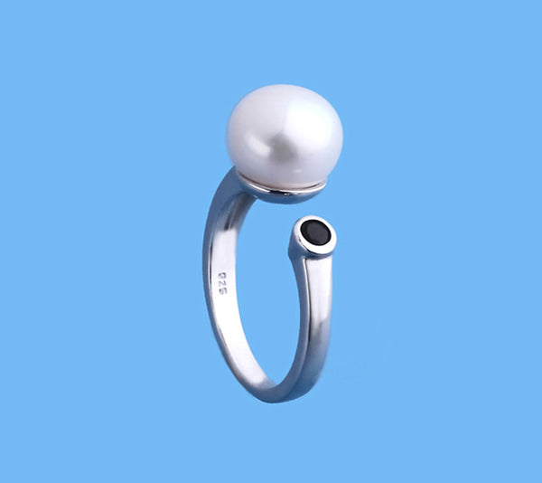 Sterling Silver Ring with 10-10.5mm Button Shape Freshwater Pearl and Black Spinel - Wing Wo Hing Jewelry Group - Pearl Jewelry Manufacturer