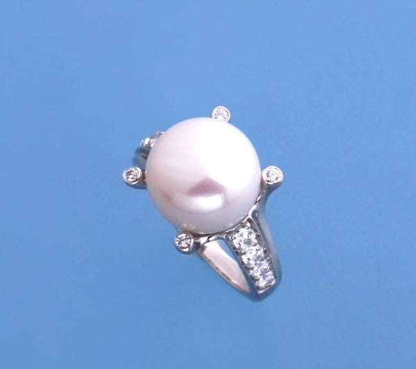 Sterling Silver Ring with 11.5-12mm Button Shape Freshwater Pearl and Cubic Zirconia - Wing Wo Hing Jewelry Group - Pearl Jewelry Manufacturer