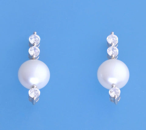 Sterling Silver Earrings with 8.5-9mm Full-Shinny Freshwater Pearl and Cubic Zirconia