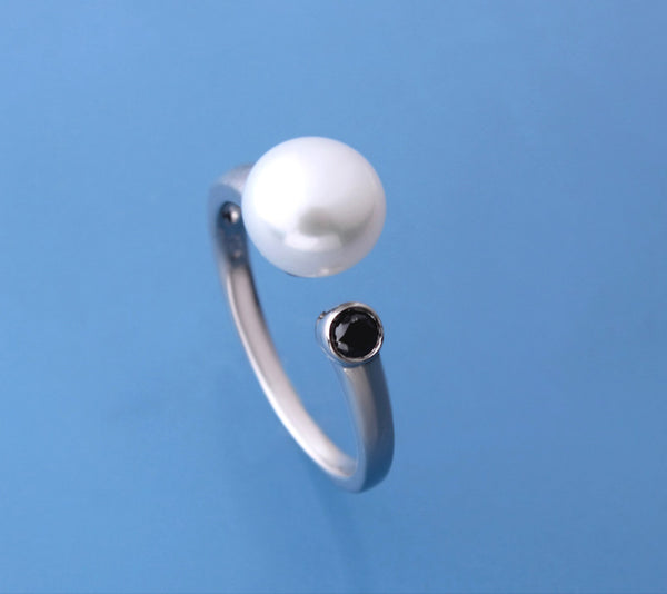 Sterling Silver Ring with 7.5-8mm Button Shape Freshwater Pearl and Black Spinel - Wing Wo Hing Jewelry Group - Pearl Jewelry Manufacturer