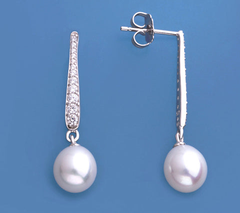 Sterling Silver Earrings with 7.5-8mm Oval Shape Freshwater Pearl and Cubic Zirconia