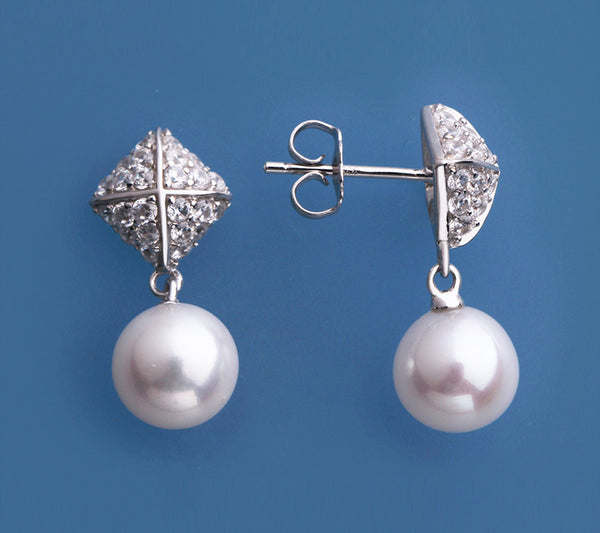 Sterling Silver Earrings with 8.5-9mm Round Shape Freshwater Pearl and Cubic Zirconia - Wing Wo Hing Jewelry Group - Pearl Jewelry Manufacturer