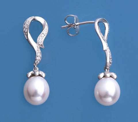 Sterling Silver Earrings with 7.5-8mm Drop Shape Freshwater Pearl and Cubic Zirconia