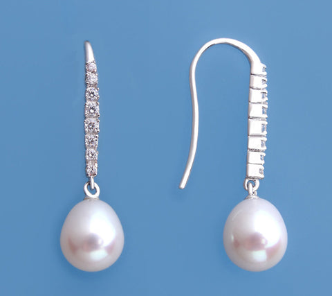 Sterling Silver with 8.5-9mm Drop Shape Freshwater Pearl and Cubic Zirconia Earrings