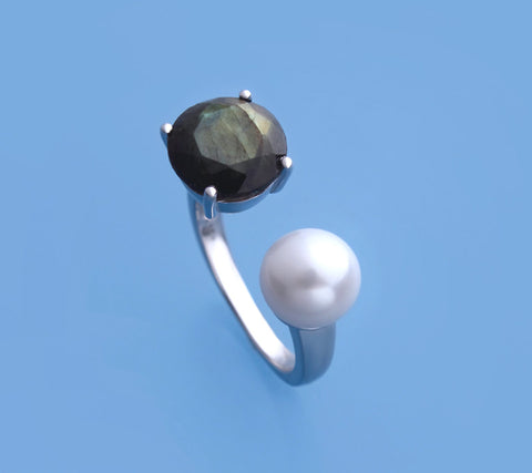 Sterling Silver Ring with 8-8.5mm Button Shape Freshwater Pearl and Labradorite