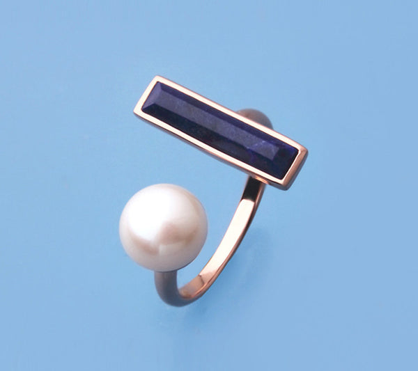 Rose Gold Plated Silver Ring with 8-8.5mm Button Shape Freshwater Pearl and Lapis Lazuli - Wing Wo Hing Jewelry Group - Pearl Jewelry Manufacturer