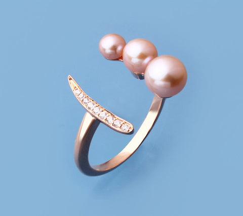 Rose Gold Plated Silver Ring with Button Shape Freshwater Pearl and Cubic Zirconia