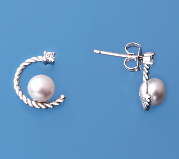 Sterling Silver Earrings with 6-6.5mm Button Shape Freshwater Pearl and Cubic Zirconia - Wing Wo Hing Jewelry Group - Pearl Jewelry Manufacturer