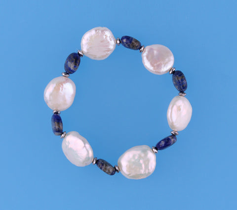 15-16mm Coin Shape Freshwater Pearl Bracelet with Lapis Lazuli and Hematite