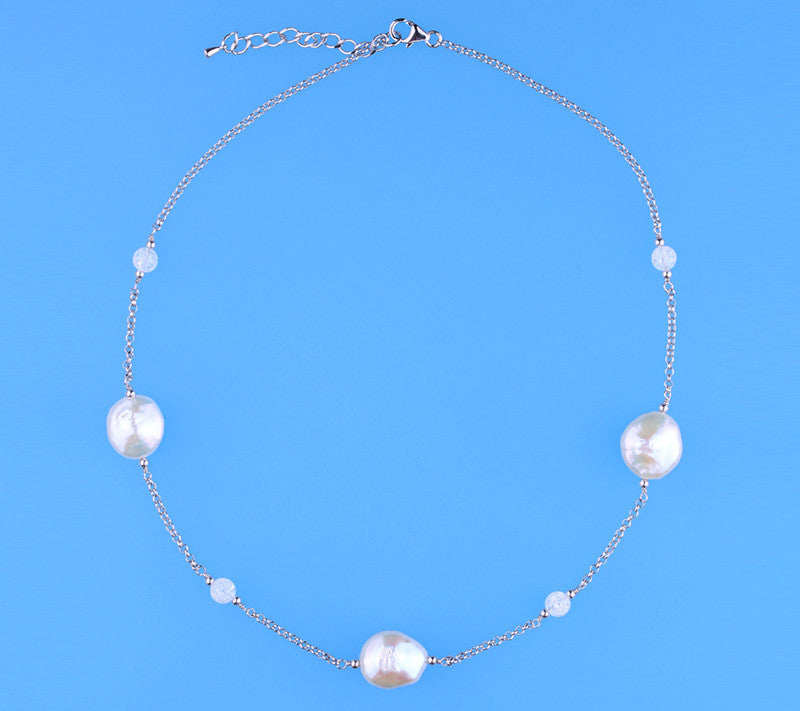 Sterling Silver Necklace with 14-15mm Coin Shape Freshwater Pearl and Crystal - Wing Wo Hing Jewelry Group - Pearl Jewelry Manufacturer
