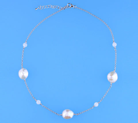Sterling Silver Necklace with 14-15mm Coin Shape Freshwater Pearl and Crystal