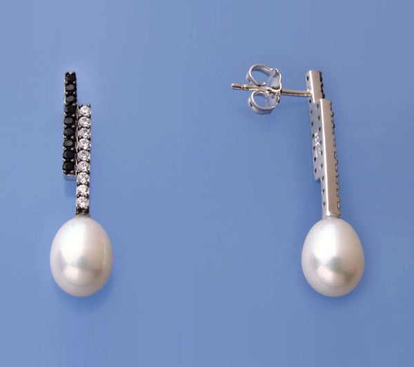 Sterling Silver Earrings with 7.5-8mm Drop Shape Freshwater Pearl, Black Spinel and Cubic Zirconia - Wing Wo Hing Jewelry Group - Pearl Jewelry Manufacturer