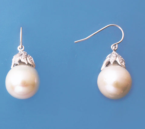 Sterling Silver Earrings with 13-14mm Baroque Shape Freshwater Pearl and Cubic Zirconia
