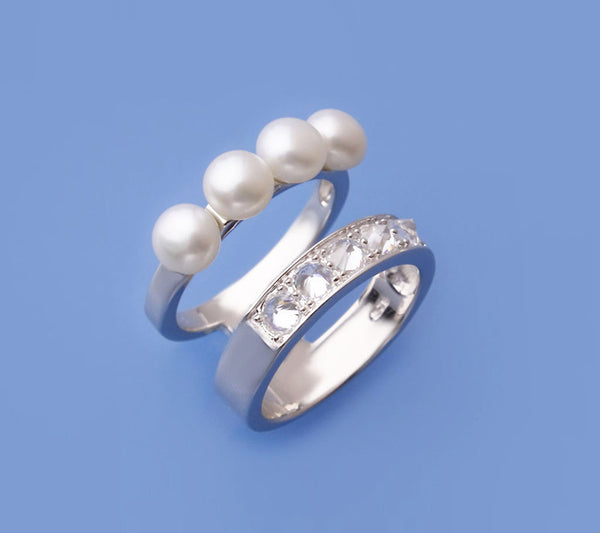 Sterling Silver Ring with 5.5-6mm Button Shape Freshwater Pearl and Cubic Zirconia - Wing Wo Hing Jewelry Group - Pearl Jewelry Manufacturer