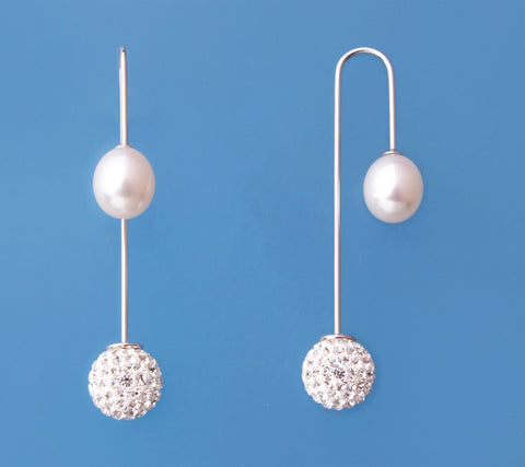 Sterling Silver Front to Back with 8.5-9mm Oval Shape Freshwater Pearl and Crystal Ball Earrings