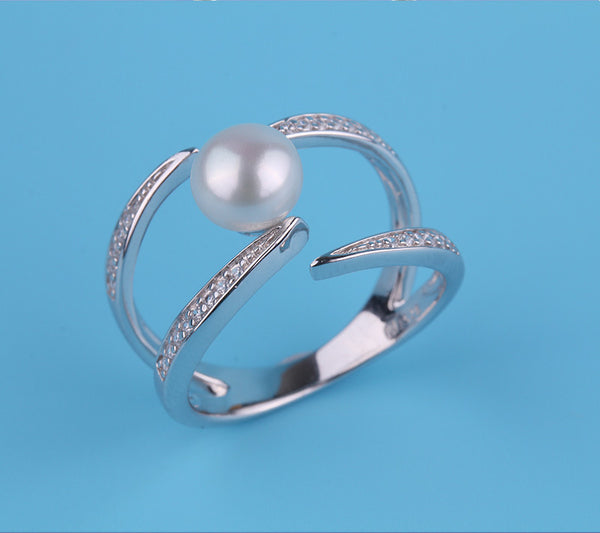 Sterling Silver Ring with 6.5-7mm Button Shape Freshwater Pearl and Cubic Zirconia - Wing Wo Hing Jewelry Group - Pearl Jewelry Manufacturer