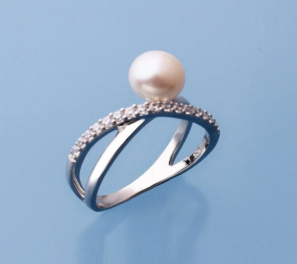 Sterling Silver Ring with 7-7.5mm Button Shape Freshwater Pearl and Cubic Zirconia - Wing Wo Hing Jewelry Group - Pearl Jewelry Manufacturer