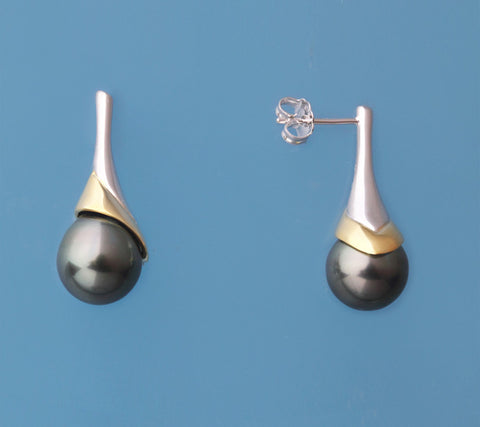 Sterling Silver with 10.5-11mm Tahitian Pearl Earrings