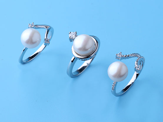 Sterling Silver Ring with 9.5-10mm Button Shape Freshwater Pearl and Cubic Zirconia