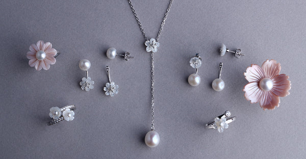 Sterling Silver Ring with 3.5-4mm Button Shape Freshwater Pearl, Mother of Pearl and Cubic Zirconia