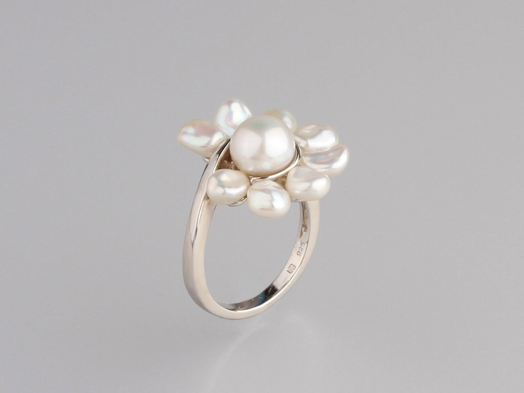 Sterling Silver Ring with Button and Keshi Shape Freshwater Pearl