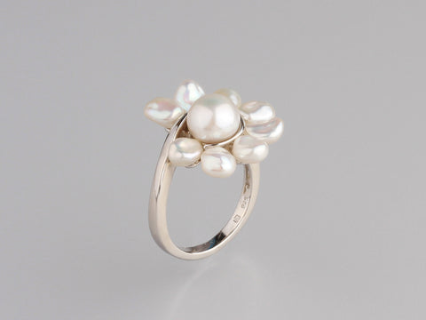 Sterling Silver Ring with Button and Keshi Shape Freshwater Pearl