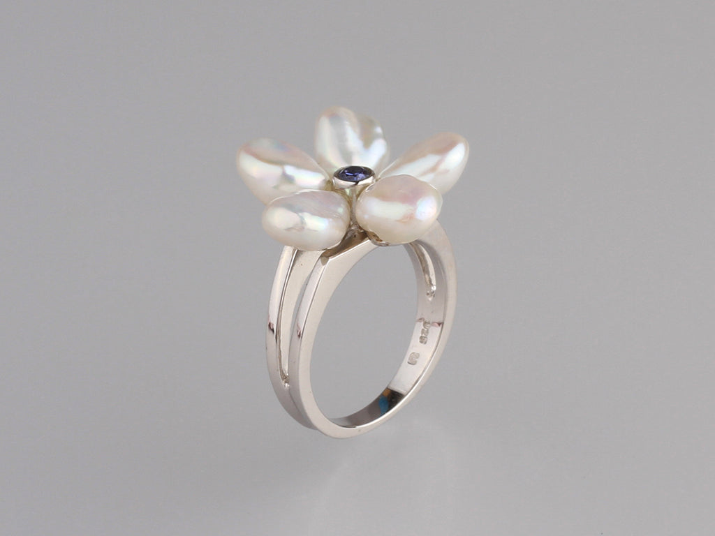 Sterling Silver Ring with 6.5-7mm Button Shape Freshwater Pearl and Blue Cubic Zirconia