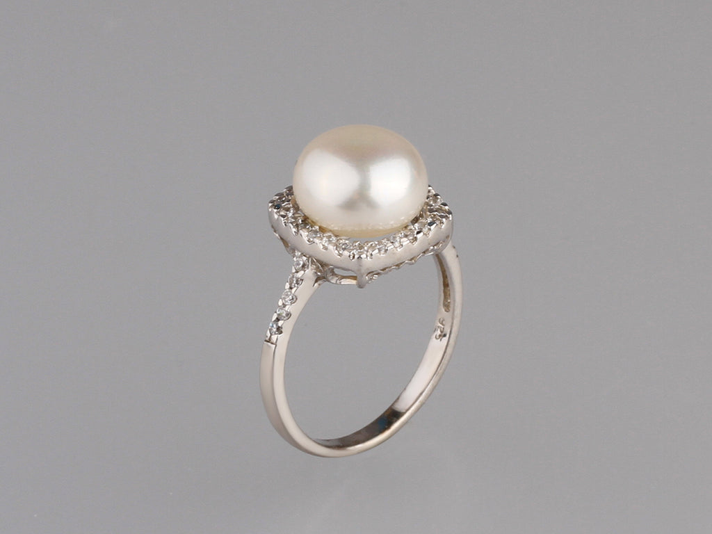 Sterling Silver Ring with 10-10.5mm Button Shape Freshwater Pearl and Cubic Zirconia