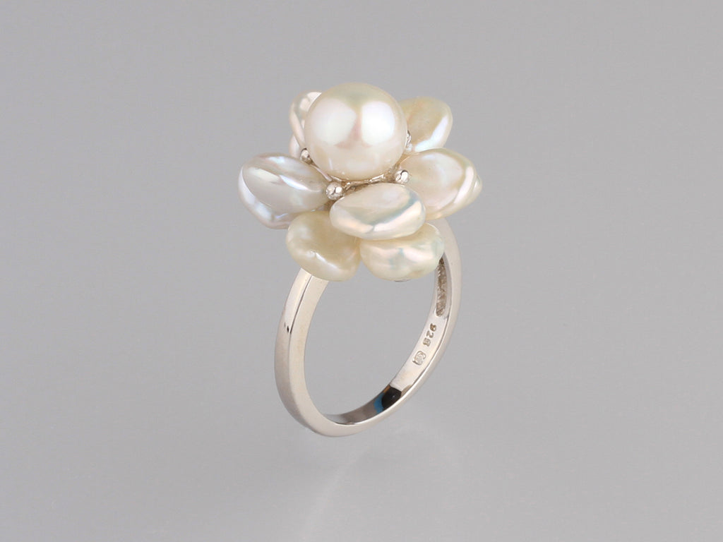 Sterling Silver Ring with Button and Keshi Shape Freshwater Pearl